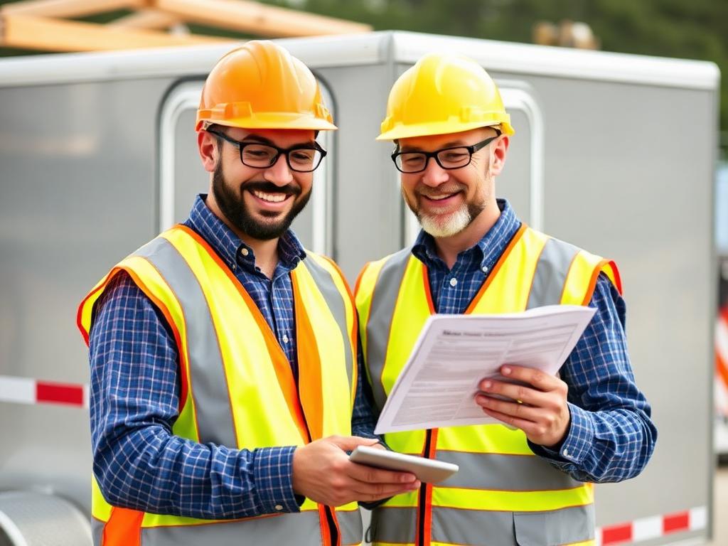 Construction business owner reviewing insurance documents on site