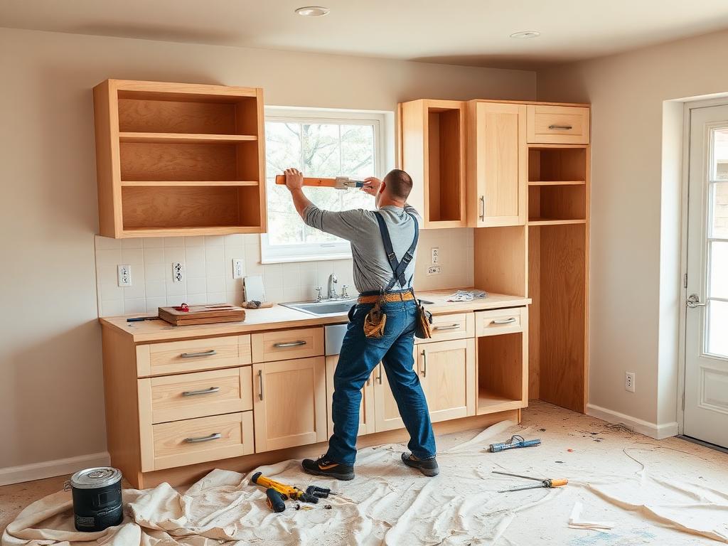 Remodeling contractor installing kitchen cabinets