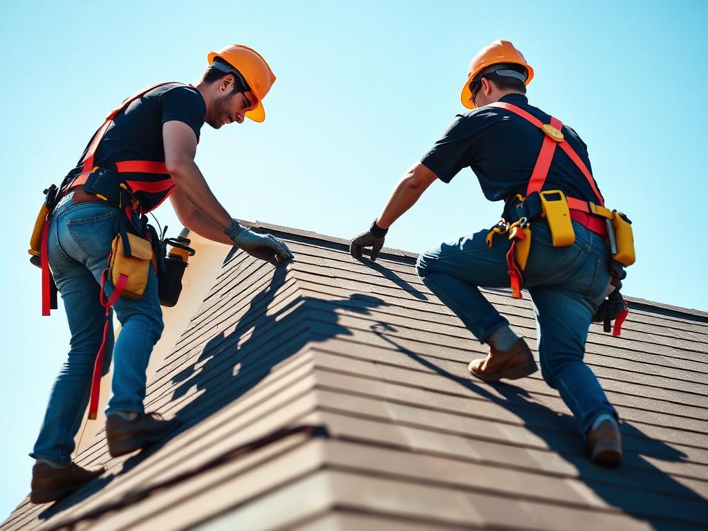 Roofing crew installing shingles on a residential roof